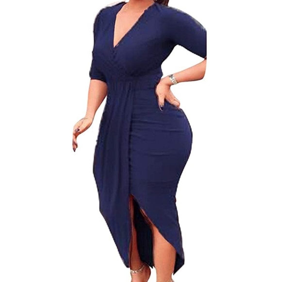 Dresses & Skirts - Draped Navy Blue Midi Dress
